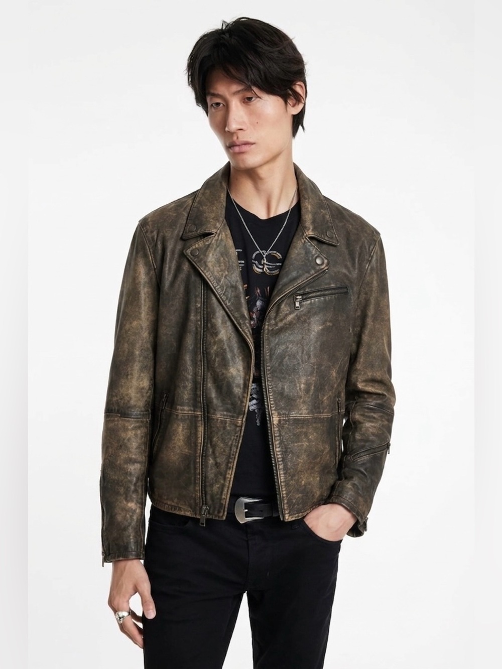 John Varvatos Distressed Leather Biker Jacket Large